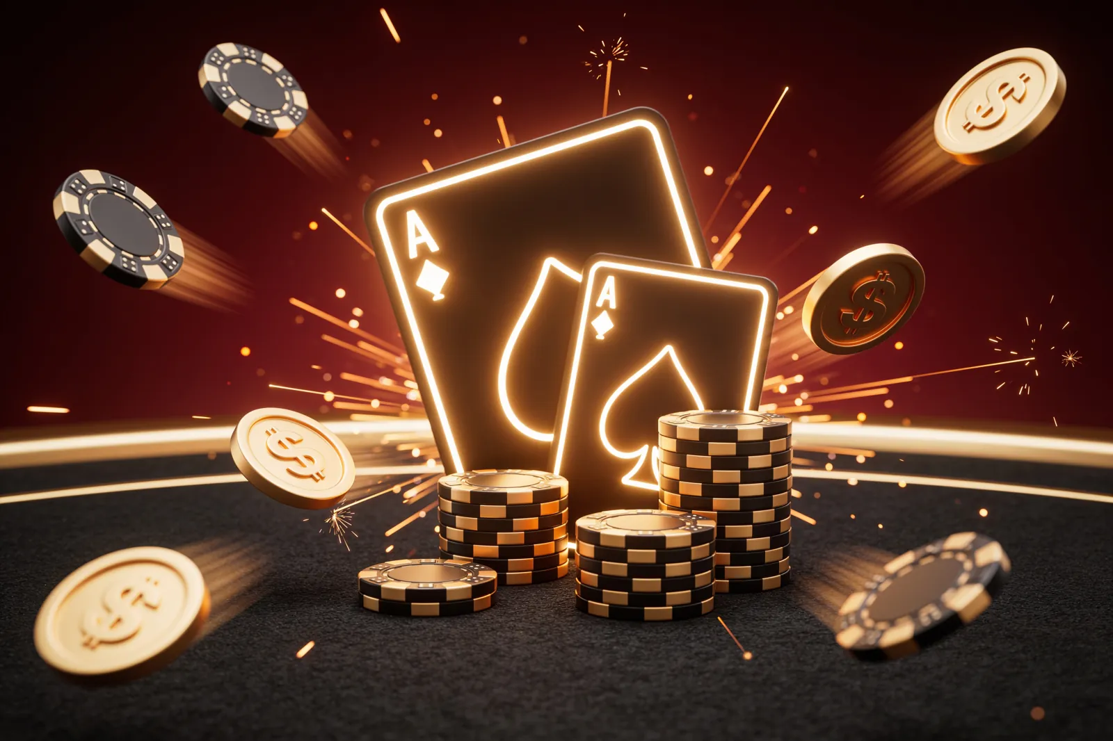 Baccarat cards and chips with an odds curve of light