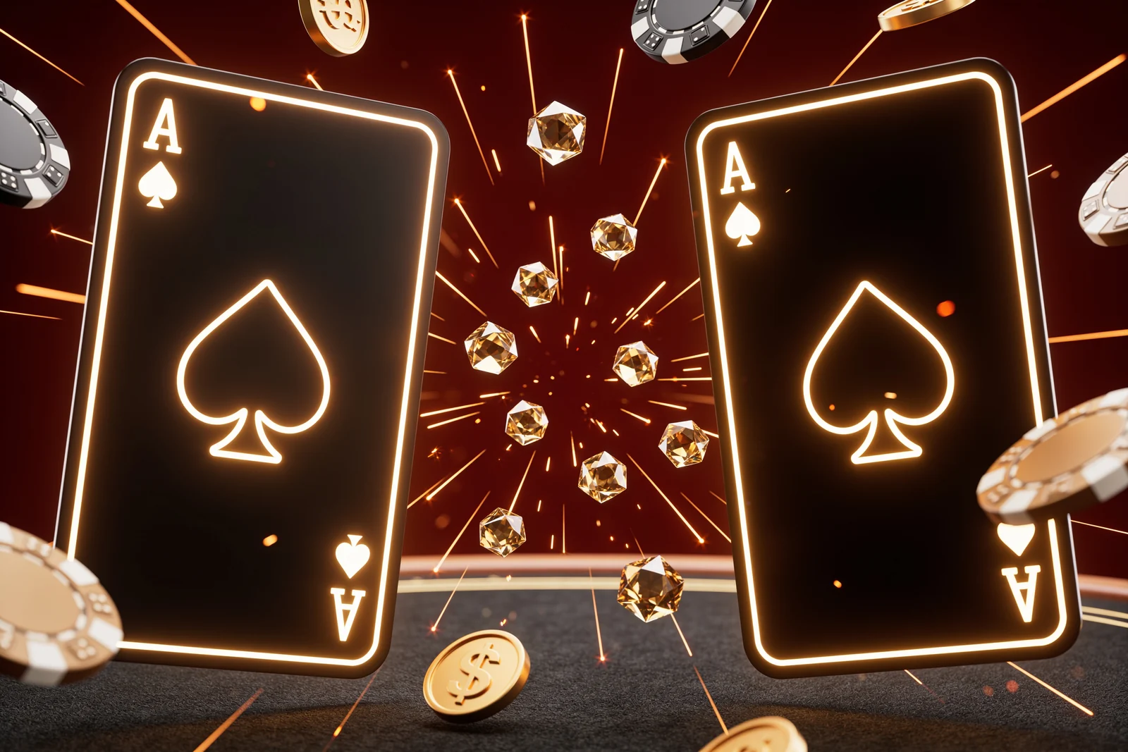 A matching pair of glowing ace cards with gold gems bursting between them