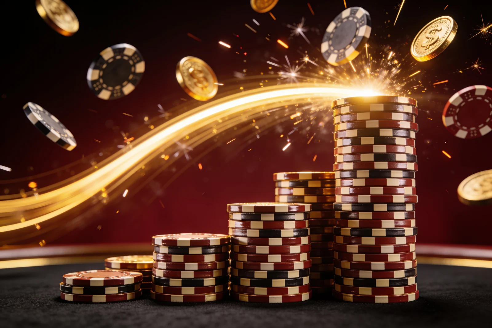 Casino chip stacks rising in doubling heights with a gold light curve sweeping over them