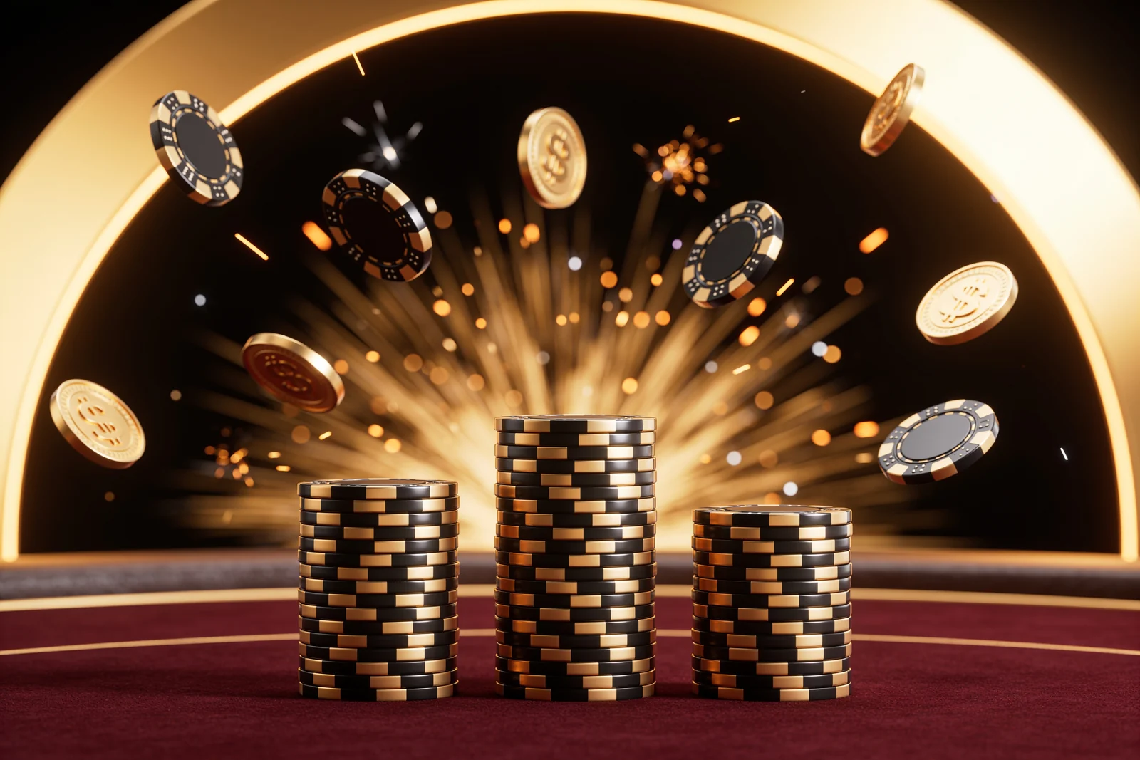 Three stacks of black and gold casino chips on burgundy baccarat felt under a curve of gold light