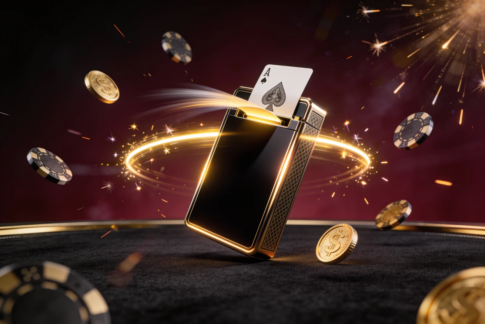 A playing card sweeping out of a black and gold card-dealing box, with gold chips and coins in the air