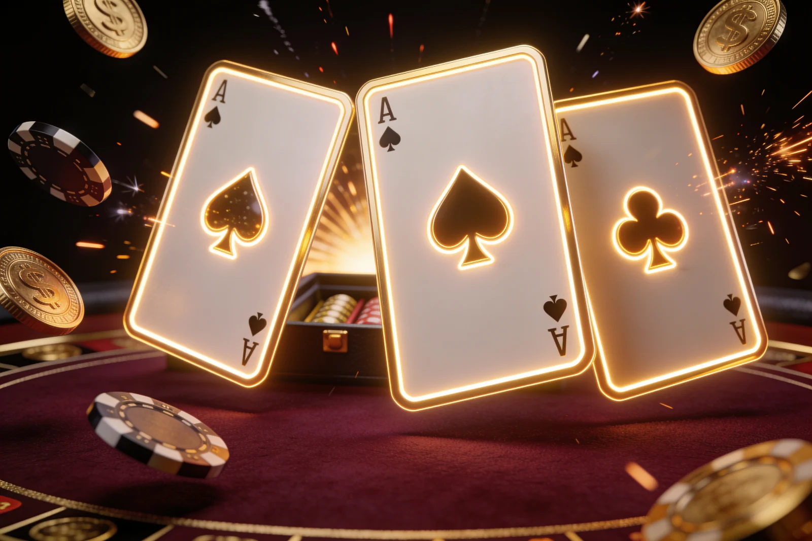 Three glowing playing cards standing side by side on burgundy baccarat felt