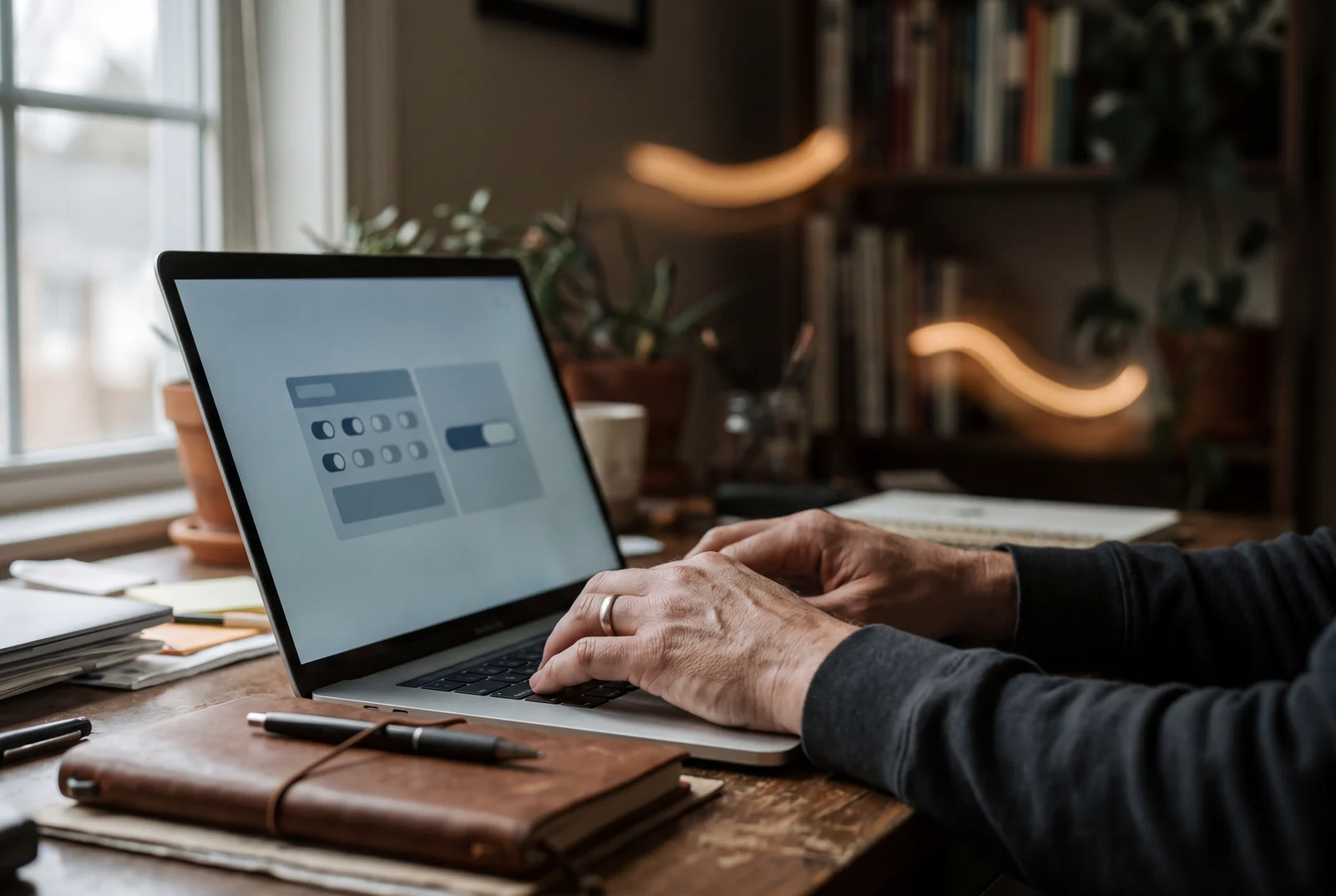 Hands at a laptop showing a deposit-limit settings panel with toggles and a slider