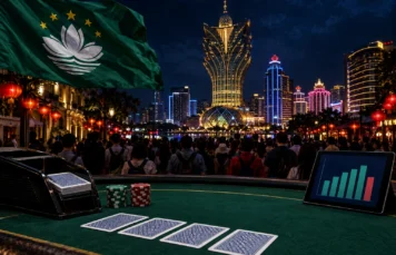 Macau flag and the lit Macau casino skyline above a crowd of visitors under red lanterns, behind a baccarat table with dealt cards, a short stack of chips and a tablet chart whose last bar is lower