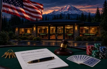 United States flag and Mount Rainier at dusk behind a lit card room with a cut chain on its doors, and a signed asset purchase agreement, keys, a gavel, playing cards and casino chips on a felt table