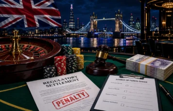 Union Jack and Tower Bridge at night behind a casino table with a roulette wheel, casino chips, a regulatory settlement notice stamped penalty, a gavel, pound banknotes and an unticked source of funds checklist
